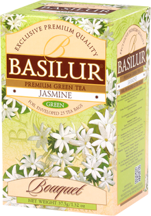 Przód opakowania Basilur Jasmine – zielona herbata jaśminowa.
