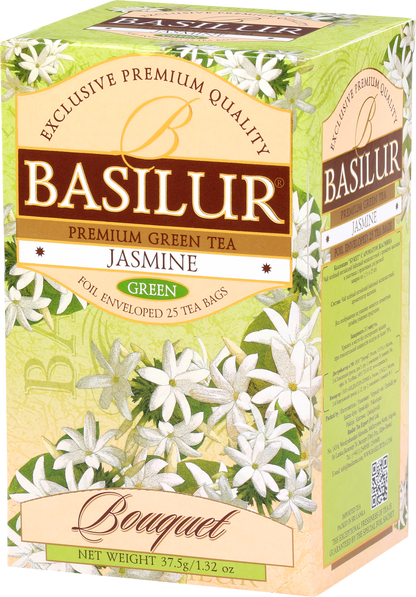 Przód opakowania Basilur Jasmine – zielona herbata jaśminowa.
