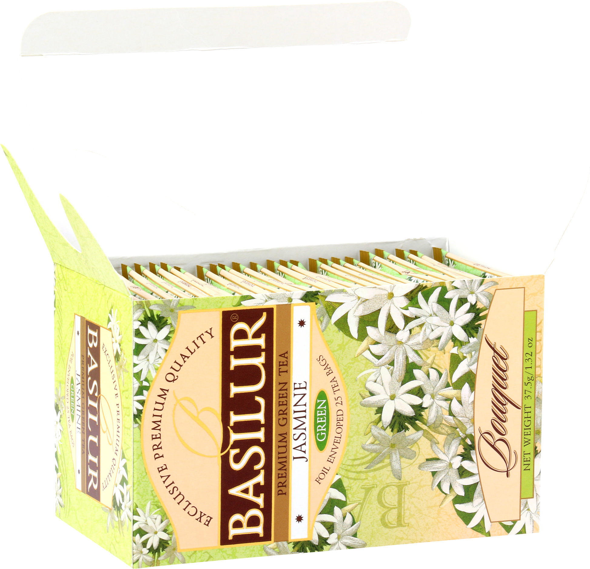 Pudełko Basilur Jasmine z 25 torebkami zielonej herbaty.