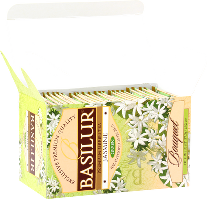 Pudełko Basilur Jasmine z 25 torebkami zielonej herbaty.