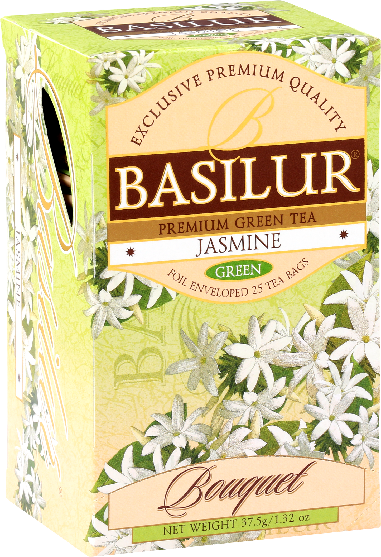 Bok pudełka Basilur Jasmine z motywem białych kwiatów jaśminu.