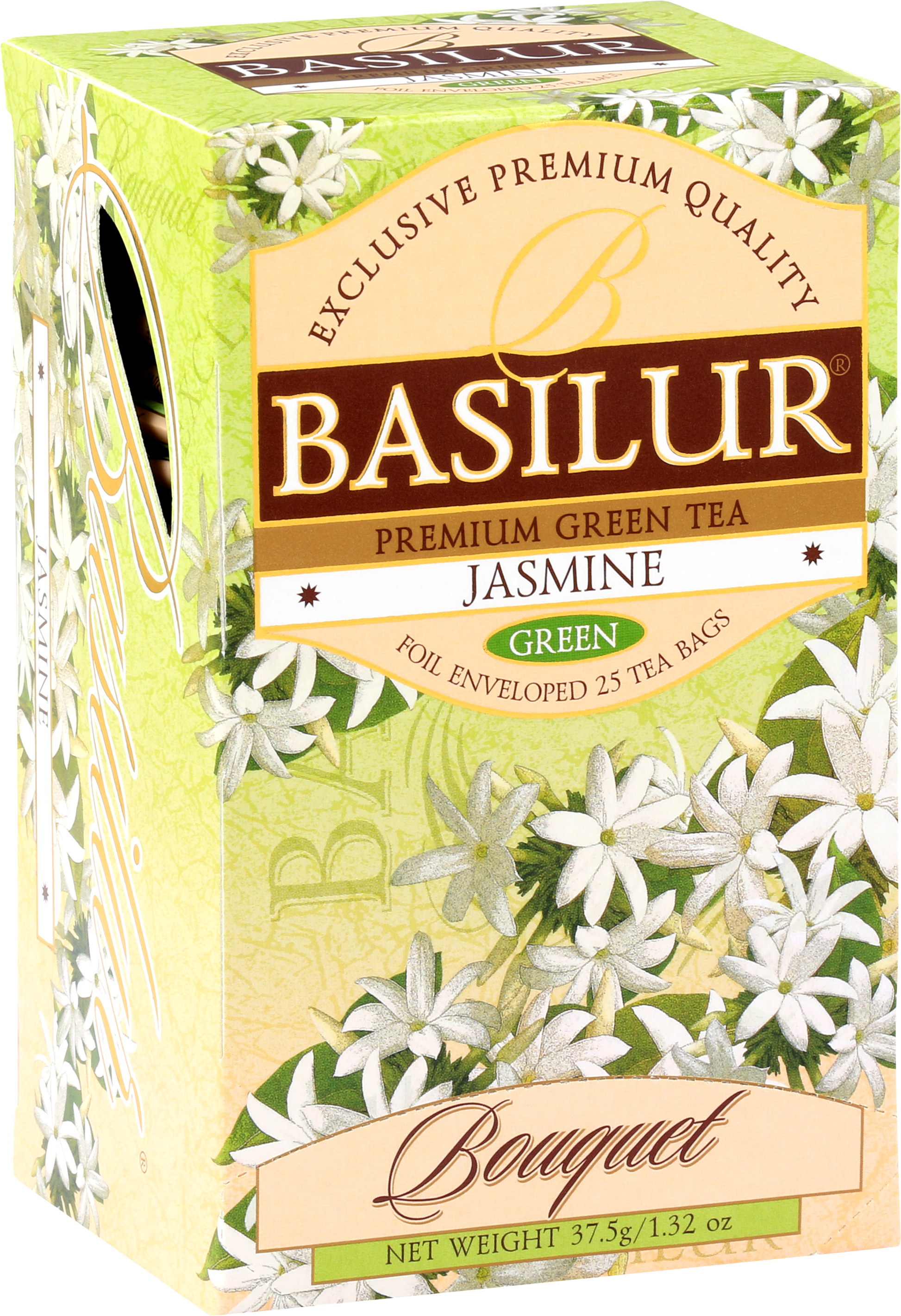 Bok pudełka Basilur Jasmine z motywem białych kwiatów jaśminu.