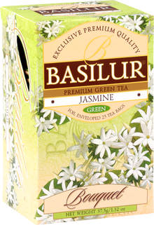 Bok pudełka Basilur Jasmine z motywem białych kwiatów jaśminu.