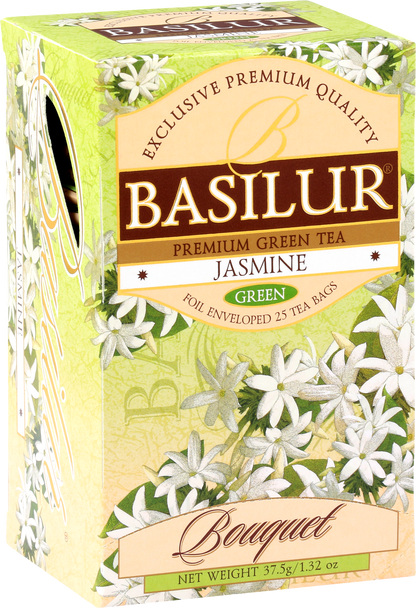 Bok pudełka Basilur Jasmine z motywem białych kwiatów jaśminu.