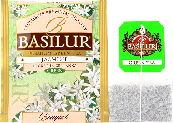 Herbata zielona Basilur Jasmine w torebce z kwiatowym aromatem jaśminu.
