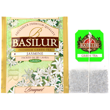 Herbata zielona Basilur Jasmine w torebce z kwiatowym aromatem jaśminu.