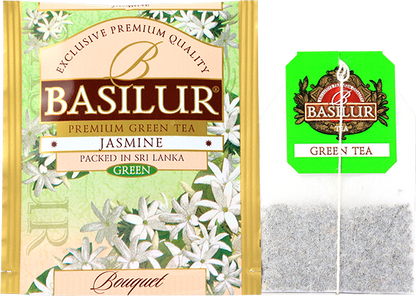 Herbata zielona Basilur Jasmine w torebce z kwiatowym aromatem jaśminu.