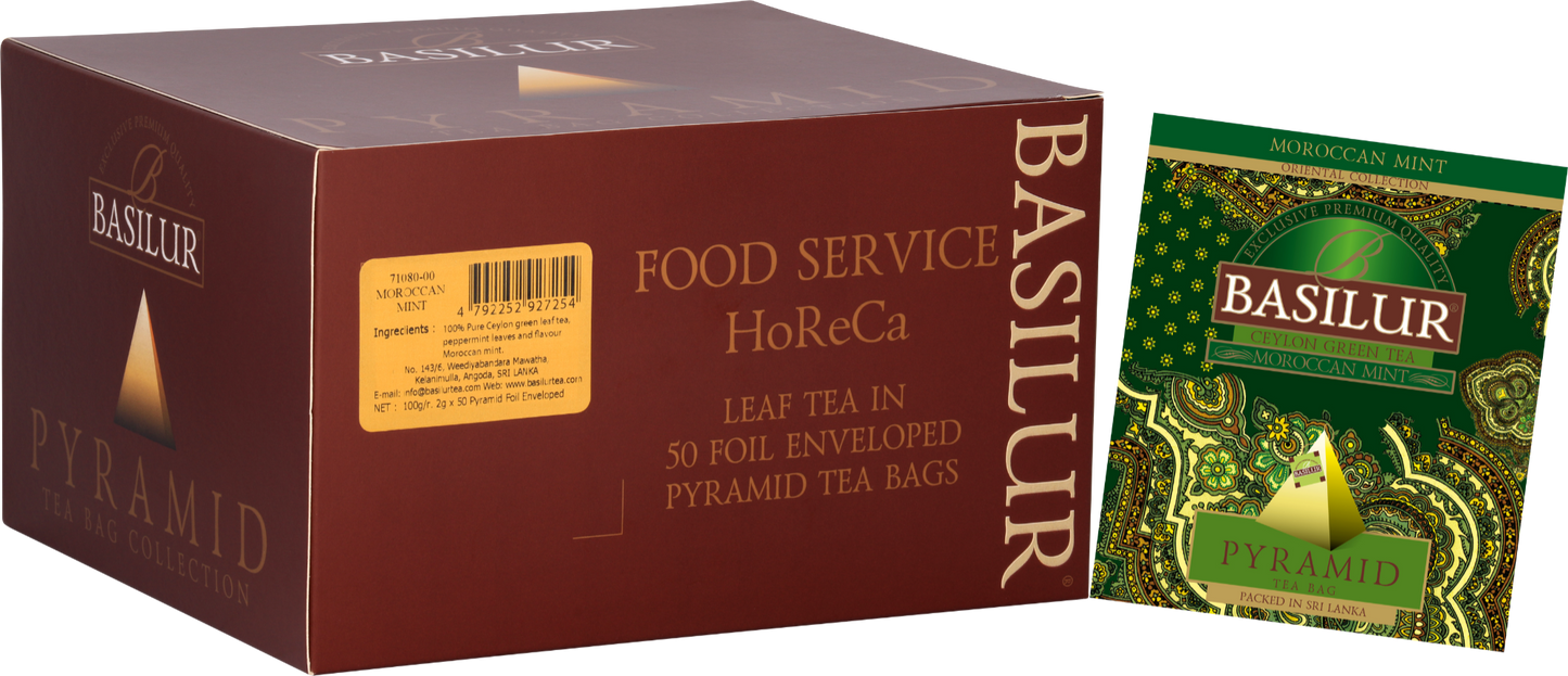 Opakowanie Basilur Moroccan Mint – zielona herbata z miętą w piramidkach, inspirowana tradycją marokańską.