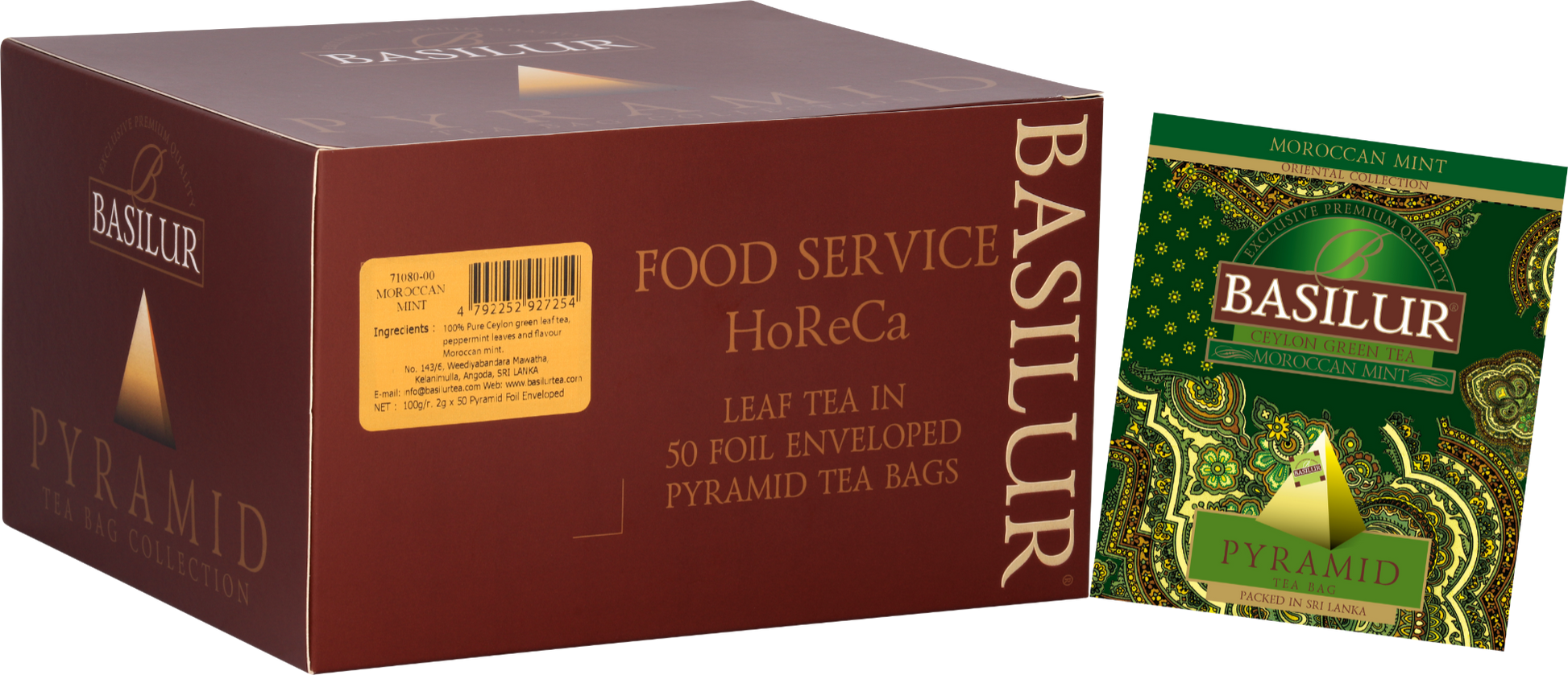 Opakowanie Basilur Moroccan Mint – zielona herbata z miętą w piramidkach, inspirowana tradycją marokańską.