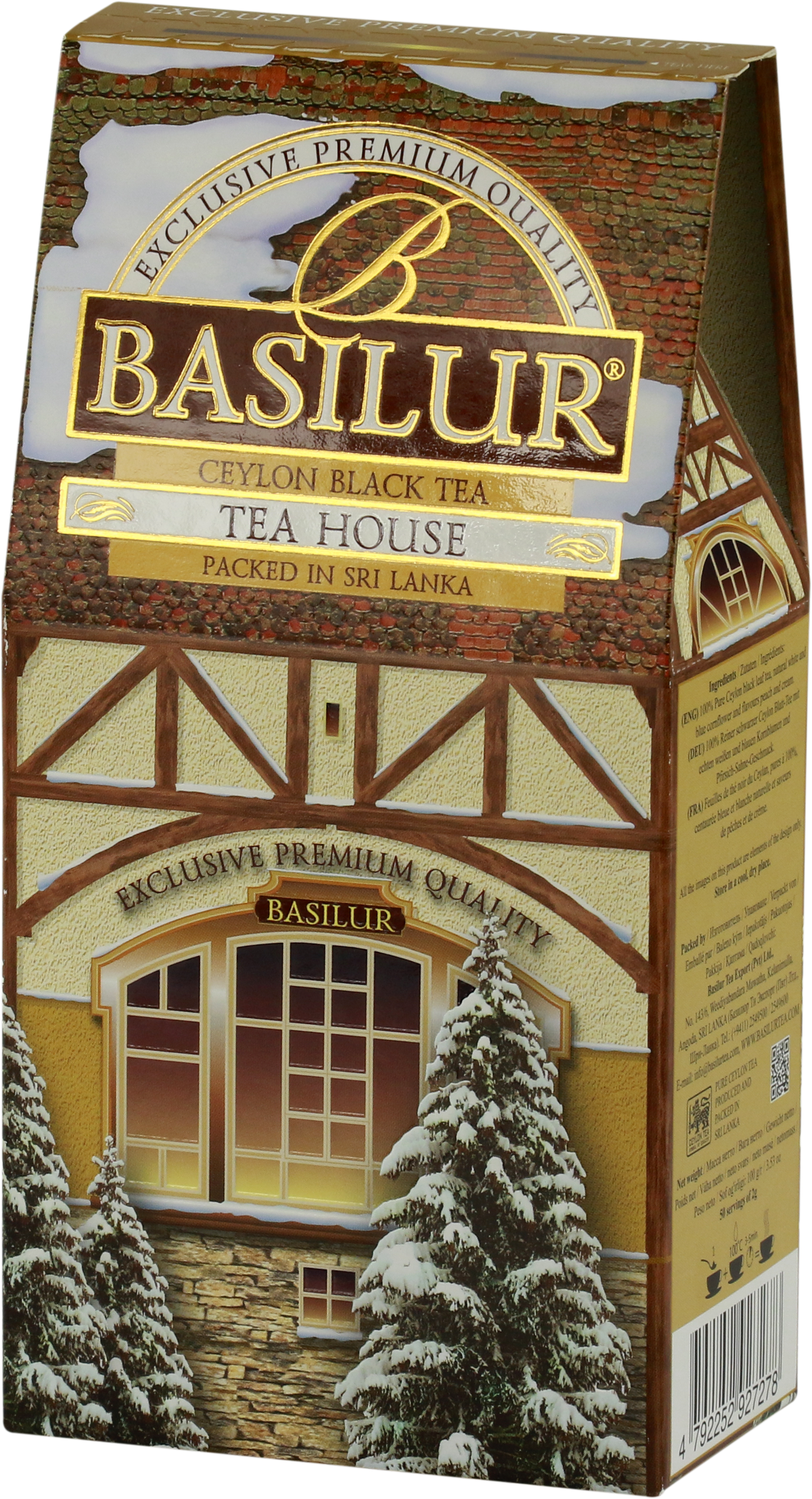 Herbata Basilur Tea House w ozdobnym pudełku przypominającym domek w śniegu.