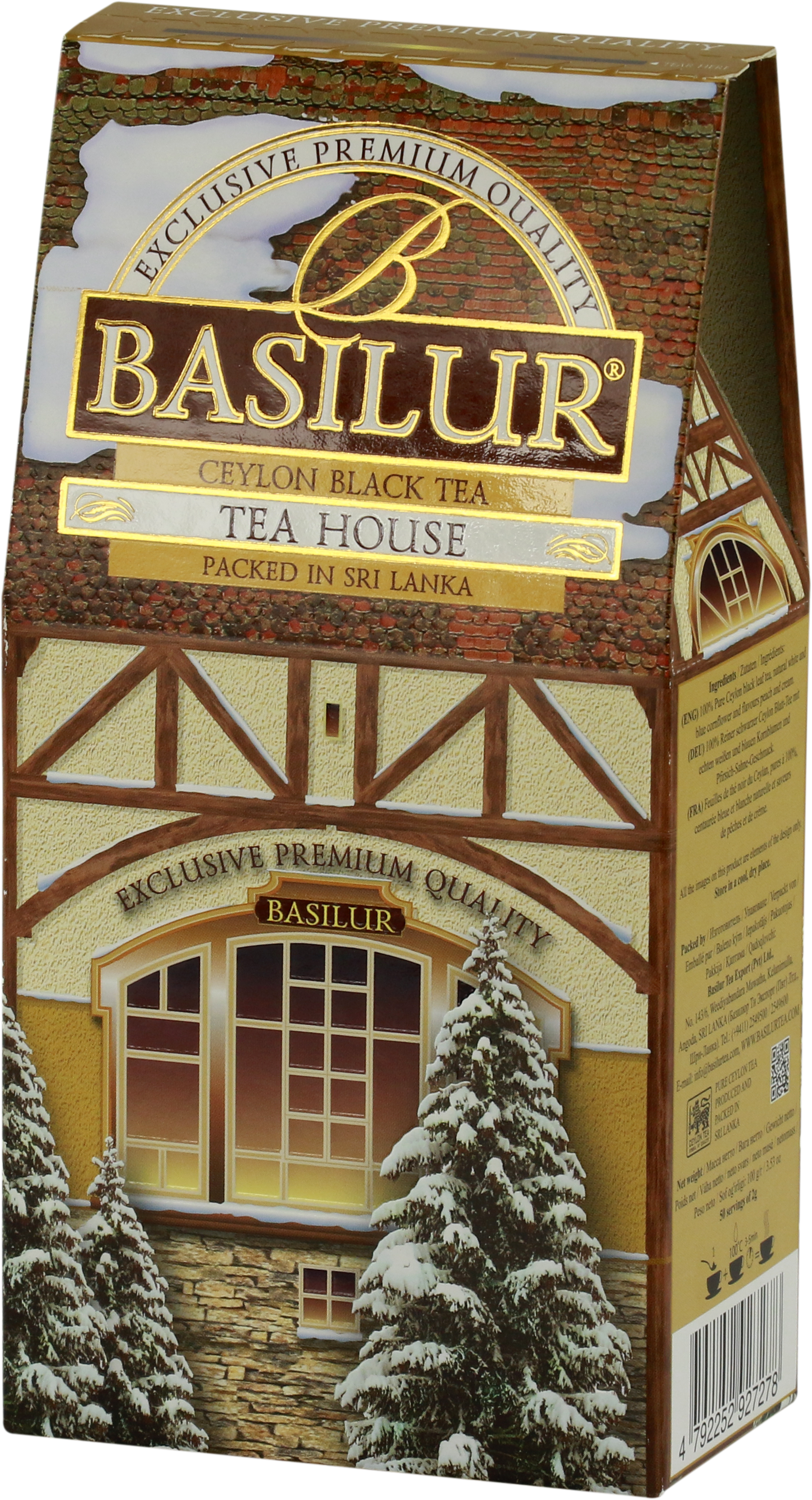 Herbata Basilur Tea House w ozdobnym pudełku przypominającym domek w śniegu.