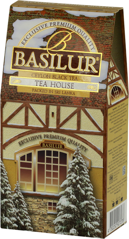 Herbata Basilur Tea House w ozdobnym pudełku przypominającym domek w śniegu.
