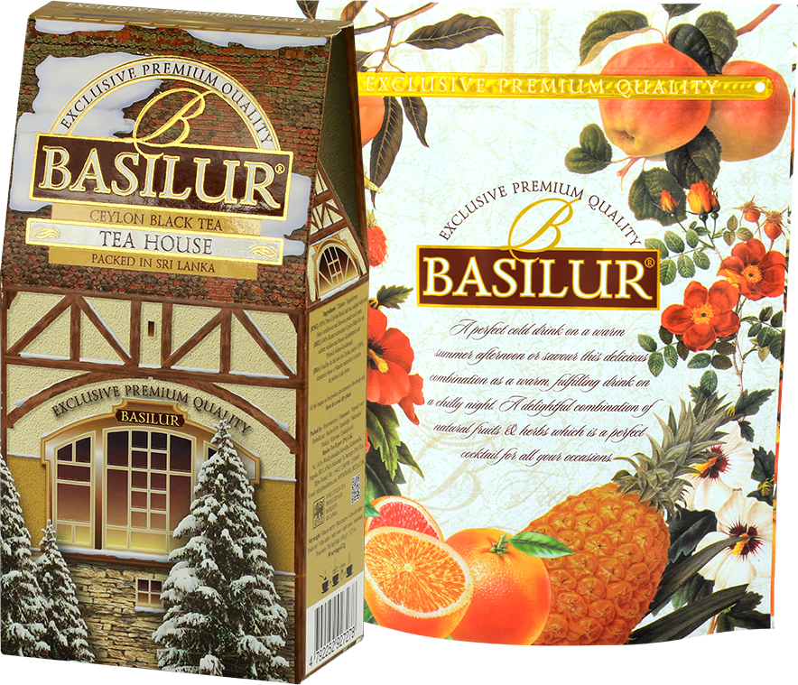 Przód opakowania herbaty Basilur Tea House z motywem zimowego domku i logo Basilur.