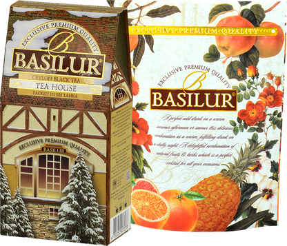 Przód opakowania herbaty Basilur Tea House z motywem zimowego domku i logo Basilur.