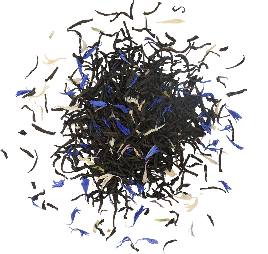 Liście czarnej herbaty Basilur Tea House z niebieskimi i białymi płatkami kwiatów.