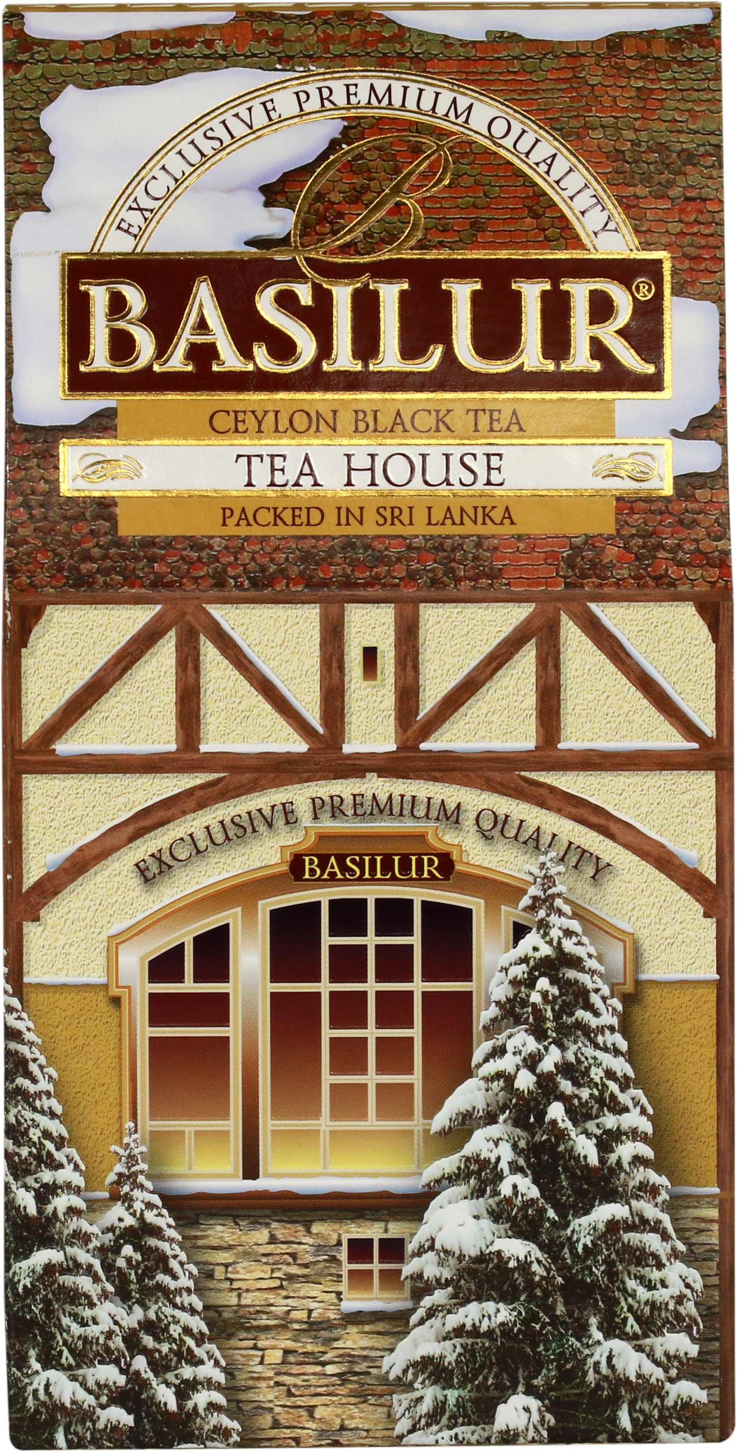 Bok pudełka herbaty Basilur Tea House z eleganckimi detalami i złotym napisem.