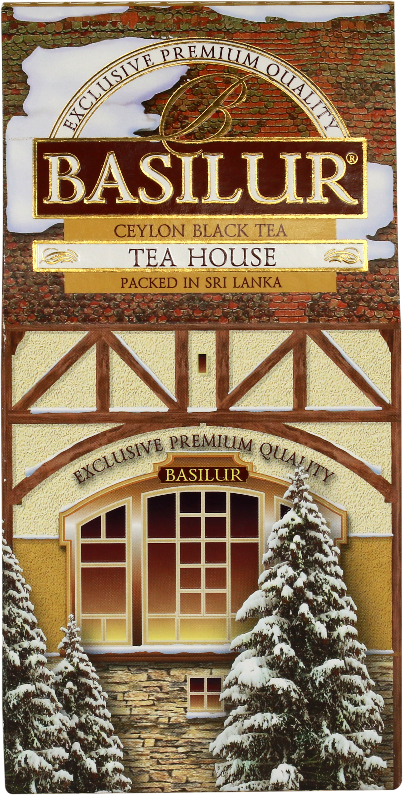 Bok pudełka herbaty Basilur Tea House z eleganckimi detalami i złotym napisem.