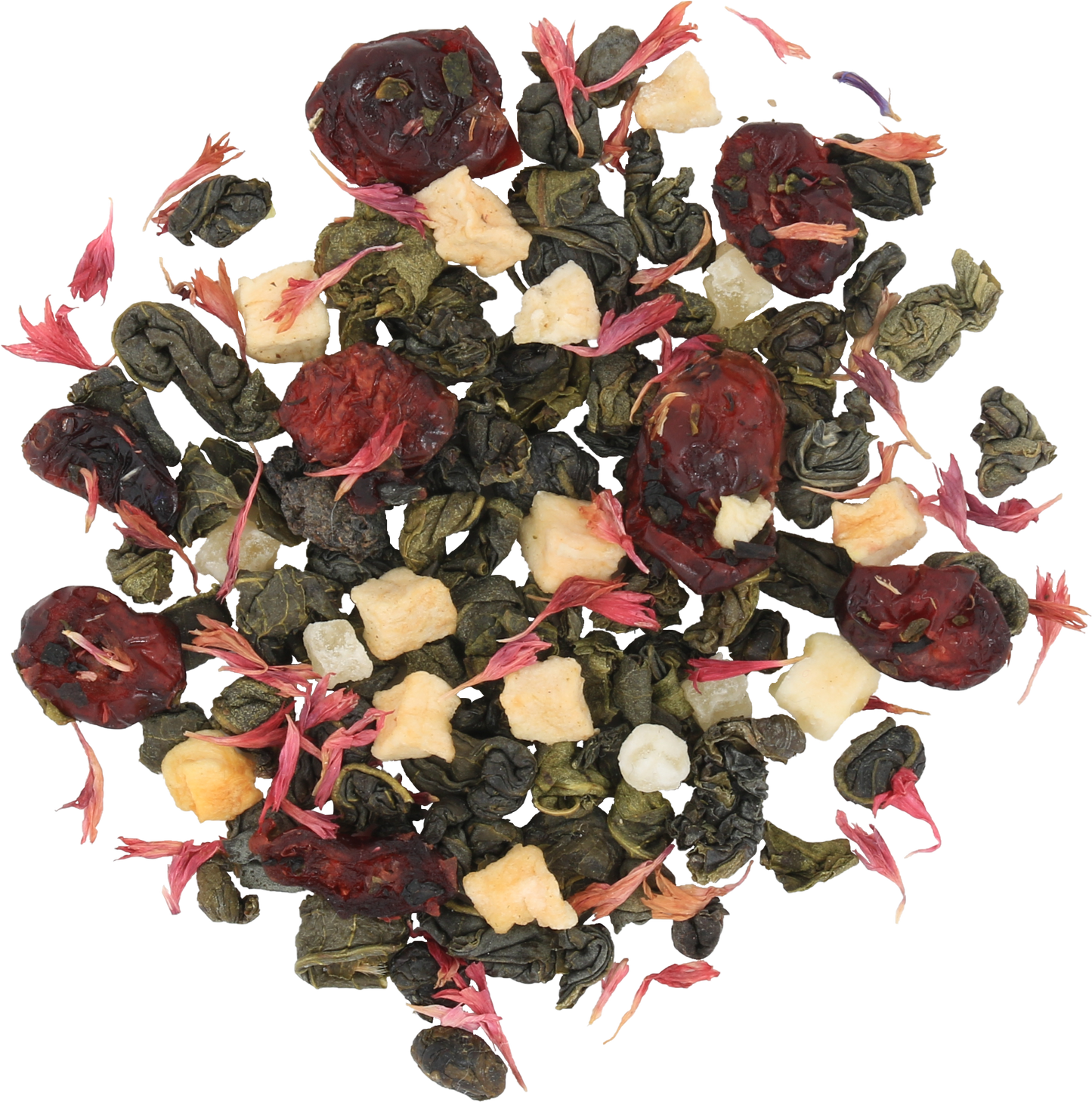 Susz herbaty Basilur Tea Shop z zielonymi liśćmi, żurawiną i kawałkami owoców.