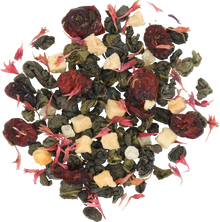 Susz herbaty Basilur Tea Shop z zielonymi liśćmi, żurawiną i kawałkami owoców.