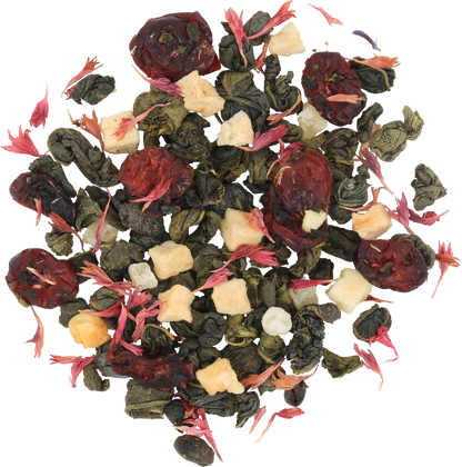 Susz herbaty Basilur Tea Shop z zielonymi liśćmi, żurawiną i kawałkami owoców.