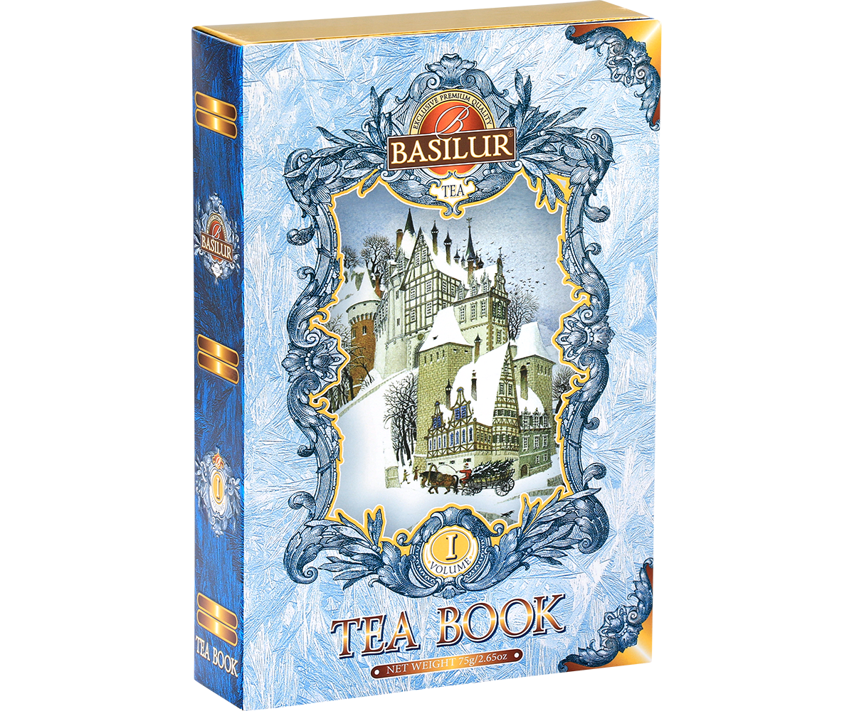 Puszka herbaty Basilur Tea Book vol. I – widok boczny z ozdobnymi detalami.
