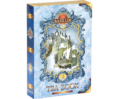 Puszka herbaty Basilur Tea Book vol. I – widok boczny z ozdobnymi detalami.
