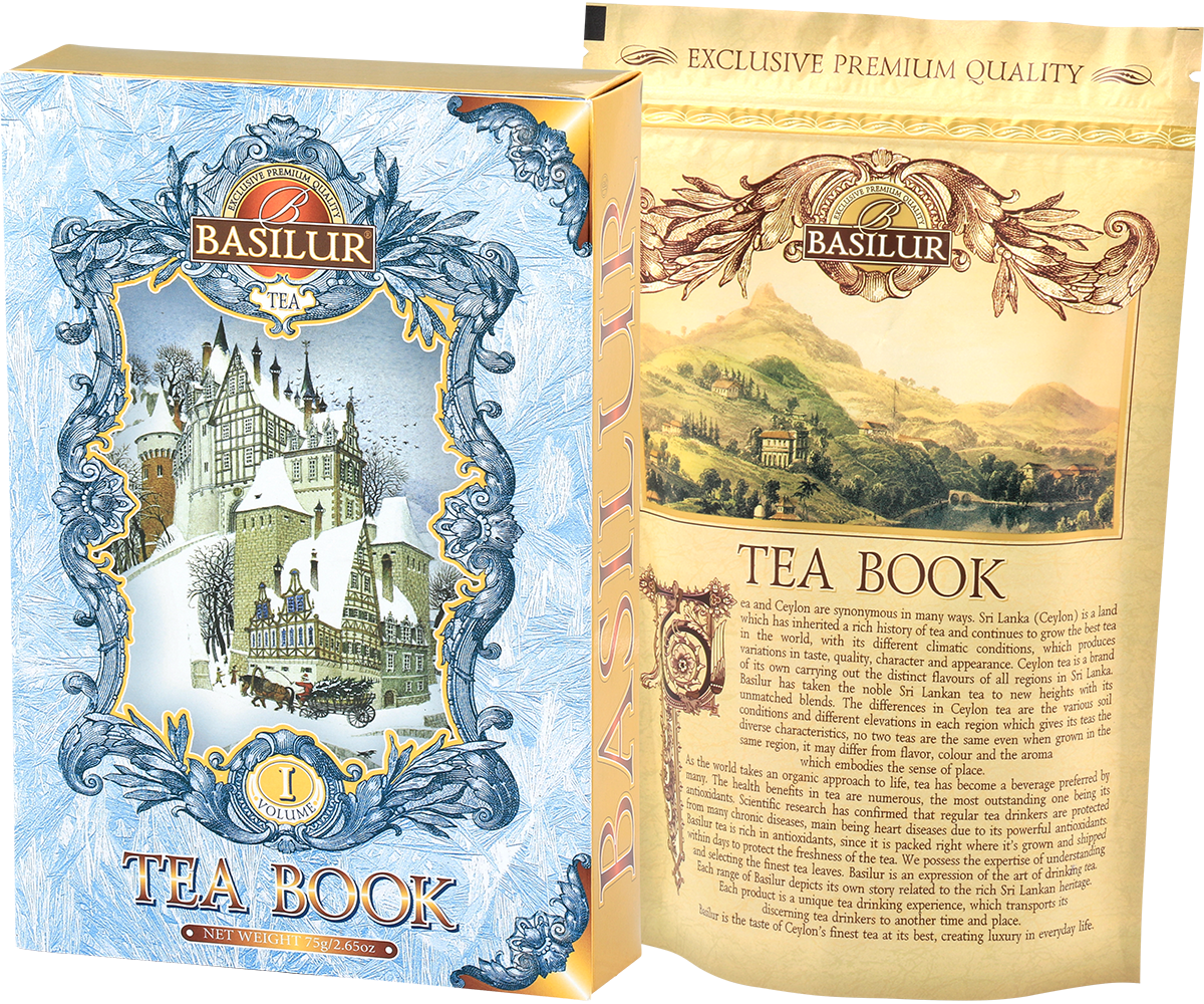 Zestaw Basilur Tea Book vol. I z otwartą puszką i widocznym opakowaniem wewnętrznym herbaty.