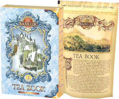 Zestaw Basilur Tea Book vol. I z otwartą puszką i widocznym opakowaniem wewnętrznym herbaty.