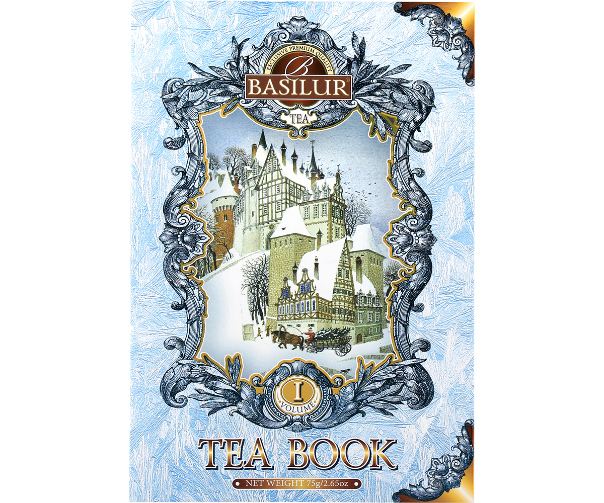 Herbata Basilur Tea Book vol. I – elegancka grafika zamku zimą na opakowaniu.