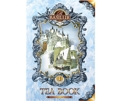 Herbata Basilur Tea Book vol. I – elegancka grafika zamku zimą na opakowaniu.