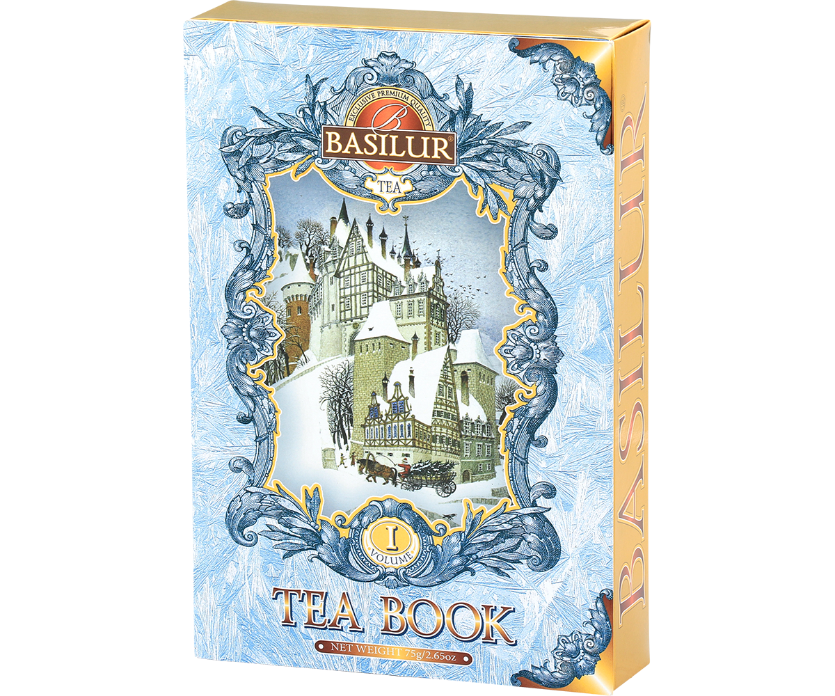 Herbata Basilur Tea Book vol. I w ozdobnej niebieskiej puszce w kształcie książki, idealna na prezent.