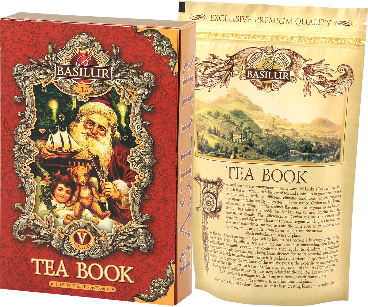 Zestaw herbaty Basilur Tea Book vol. V z otwartą puszką i widocznym wnętrzem.