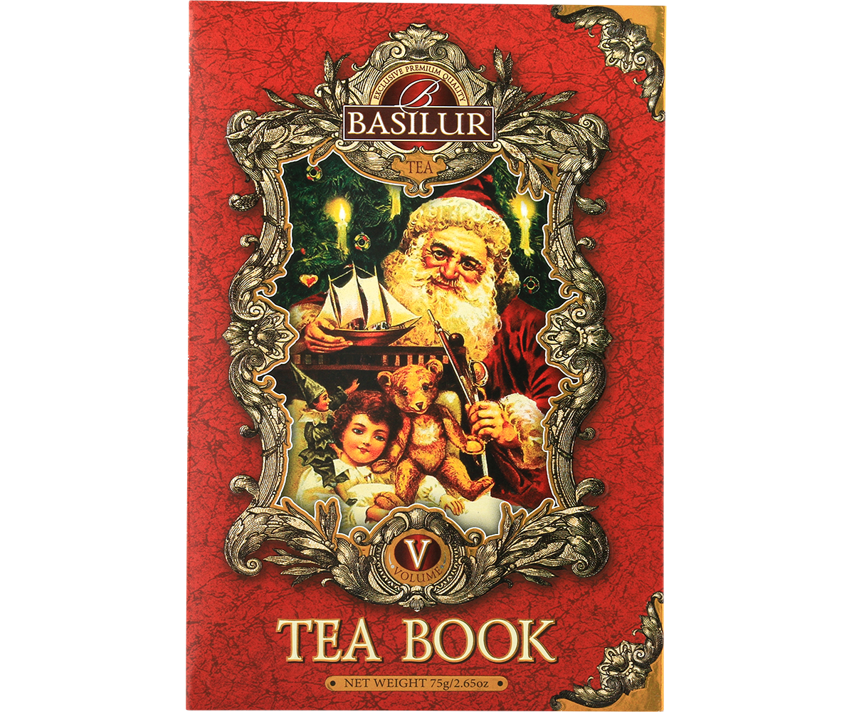 Opakowanie herbaty Basilur Tea Book vol. V z ilustracją św. Mikołaja i dziecka, idealne na prezent.