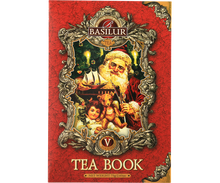 Opakowanie herbaty Basilur Tea Book vol. V z ilustracją św. Mikołaja i dziecka, idealne na prezent.