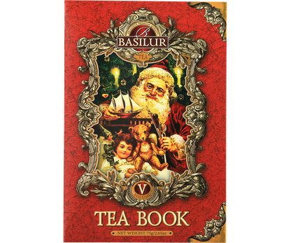 Opakowanie herbaty Basilur Tea Book vol. V z ilustracją św. Mikołaja i dziecka, idealne na prezent.