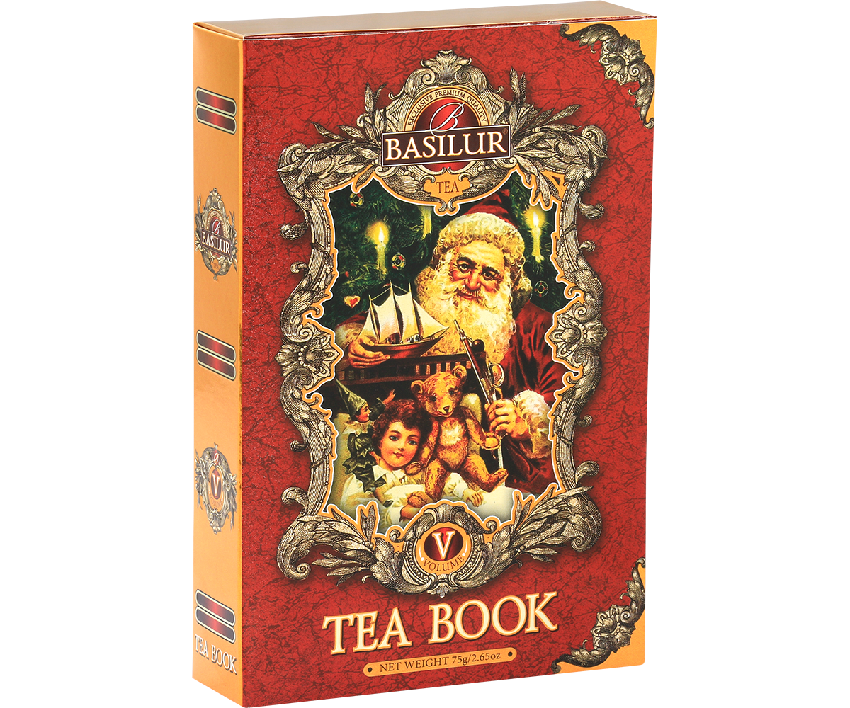 Herbata Basilur Tea Book vol. V w ozdobnej czerwonej puszce z motywem świątecznym.
