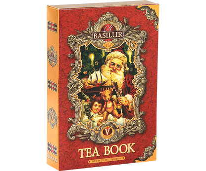 Herbata Basilur Tea Book vol. V w ozdobnej czerwonej puszce z motywem świątecznym.