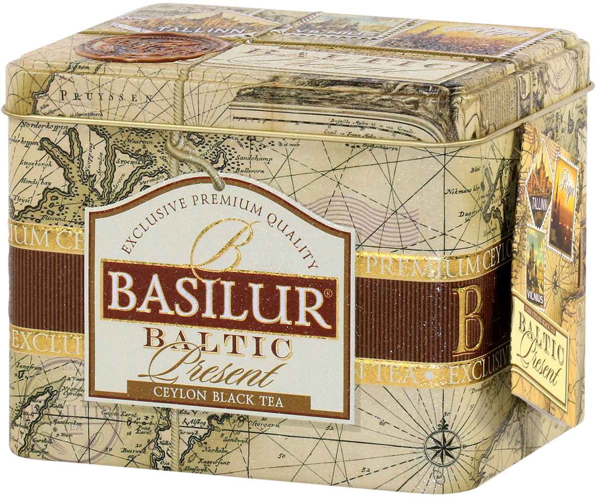 Widok z perspektywy puszki Basilur Baltic Present eleganckie opakowanie herbaty cejlońskiej