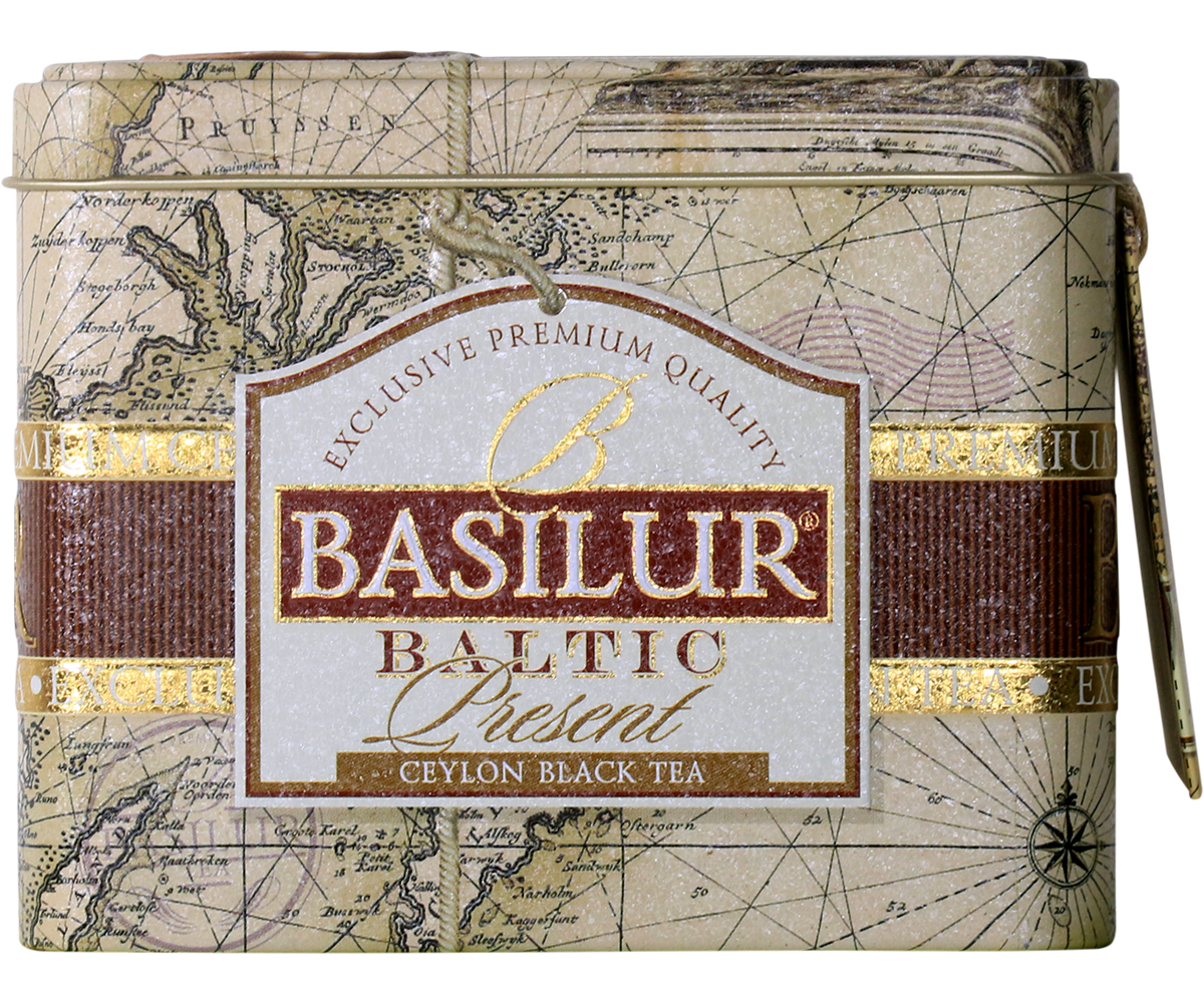 Puszka herbaty Basilur Baltic Present z mapą w stylu vintage i brązowym paskiem ozdobnym