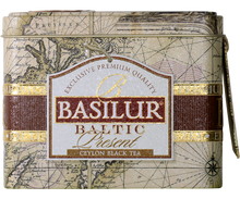 Puszka herbaty Basilur Baltic Present z mapą w stylu vintage i brązowym paskiem ozdobnym