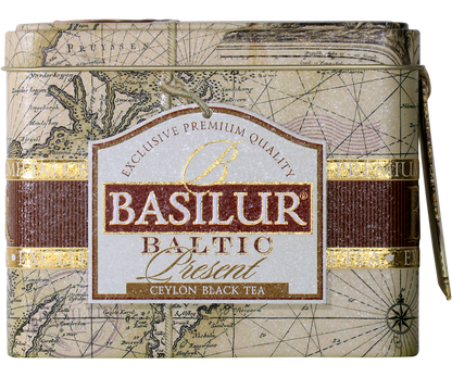 Puszka herbaty Basilur Baltic Present z mapą w stylu vintage i brązowym paskiem ozdobnym