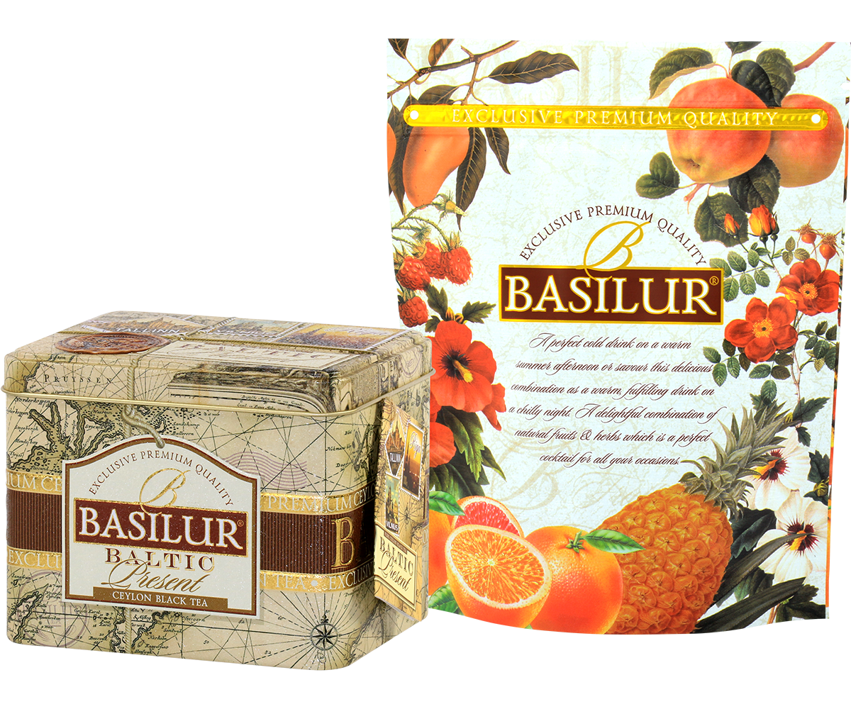 Zestaw Basilur Baltic Present z torebką prezentową ozdobioną owocami i kwiatami
