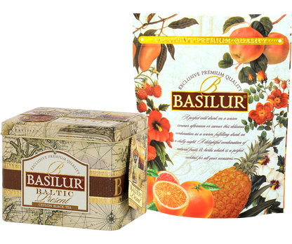 Zestaw Basilur Baltic Present z torebką prezentową ozdobioną owocami i kwiatami