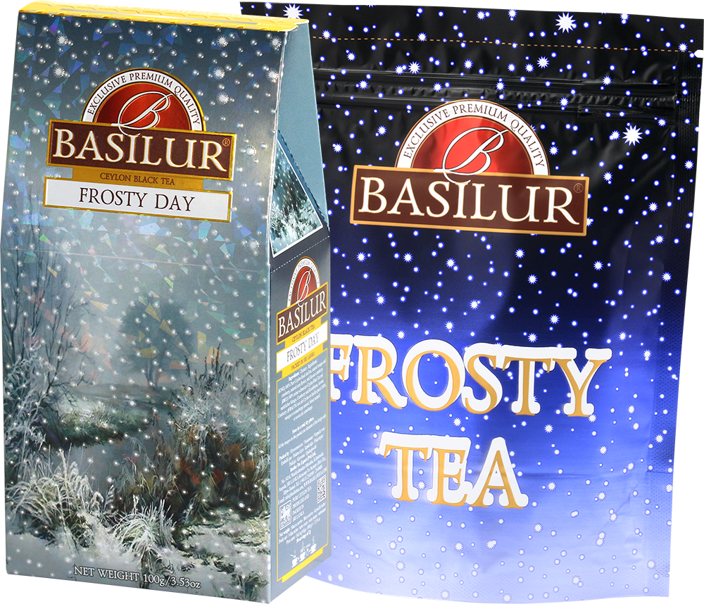 Zestaw herbaty Basilur Frosty Day z opakowaniem foliowym i kartonowym.