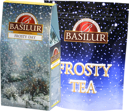 Zestaw herbaty Basilur Frosty Day z opakowaniem foliowym i kartonowym.