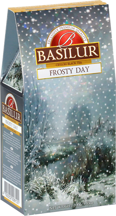 Herbata Basilur Frosty Day – elegancka zimowa grafika z krajobrazem w śniegu.