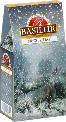 Herbata Basilur Frosty Day – elegancka zimowa grafika z krajobrazem w śniegu.