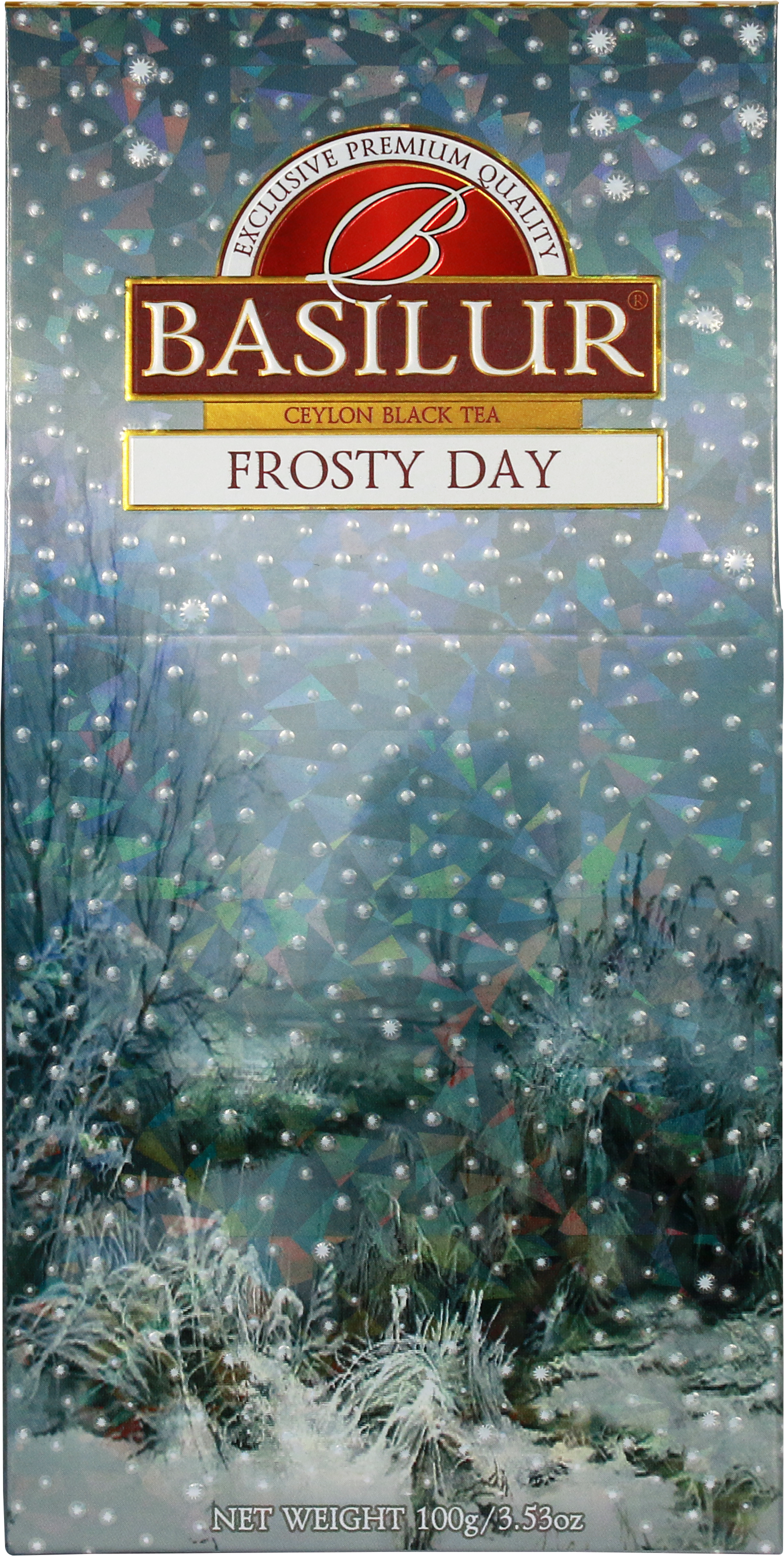 Puszka herbaty Basilur Frosty Day – widok boczny z opisem produktu.