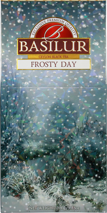 Puszka herbaty Basilur Frosty Day – widok boczny z opisem produktu.