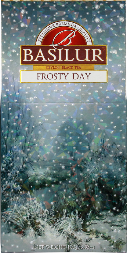 Puszka herbaty Basilur Frosty Day – widok boczny z opisem produktu.